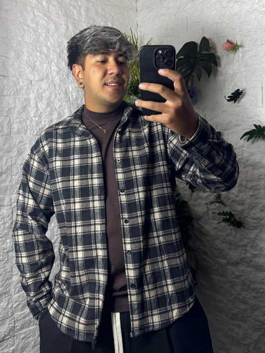 Camicia a quadri beige e grigio in tessuto felpato