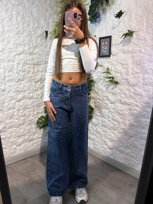 Jeans a palazzo blu in denim con brillantini fronte e retro 8-16 anni