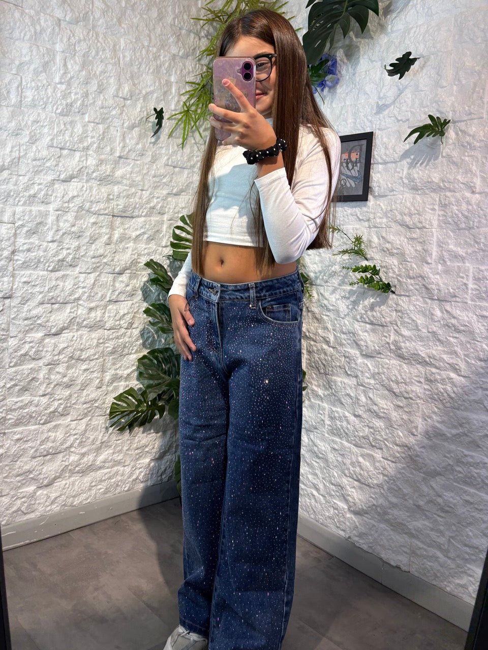 Jeans a palazzo blu in denim con brillantini fronte e retro 8-16 anni
