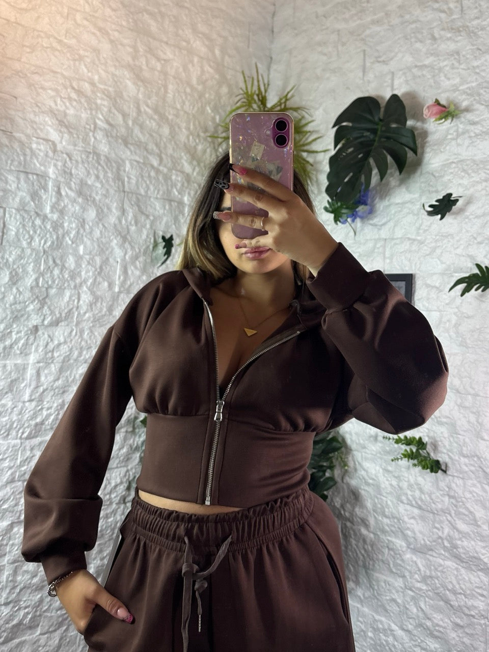Felpa crop con zip e cappuccio in tinta unita - GARZATA