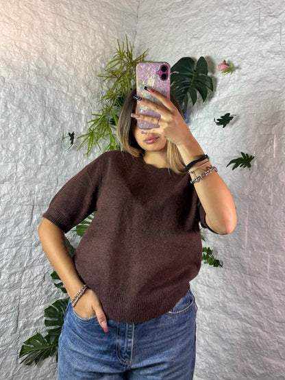 Maglione girocollo in maglia fine a maniche corte tinta unita