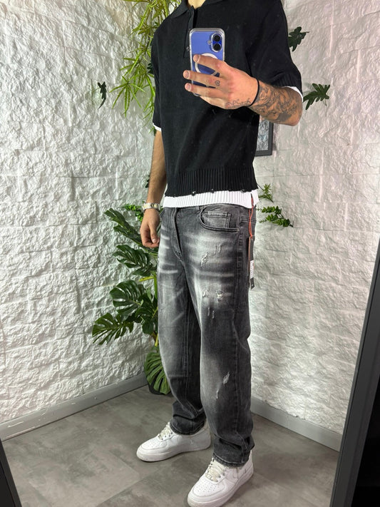 Jeans baggy grigio slavato in denim con strappi leggeri