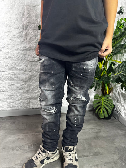 Jeans skinny grigio slavato in denim con strappi e schizzi di vernice 10-16 anni