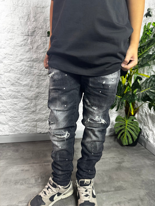 Jeans skinny grigio slavato in denim con strappi e schizzi di vernice 10-16 anni