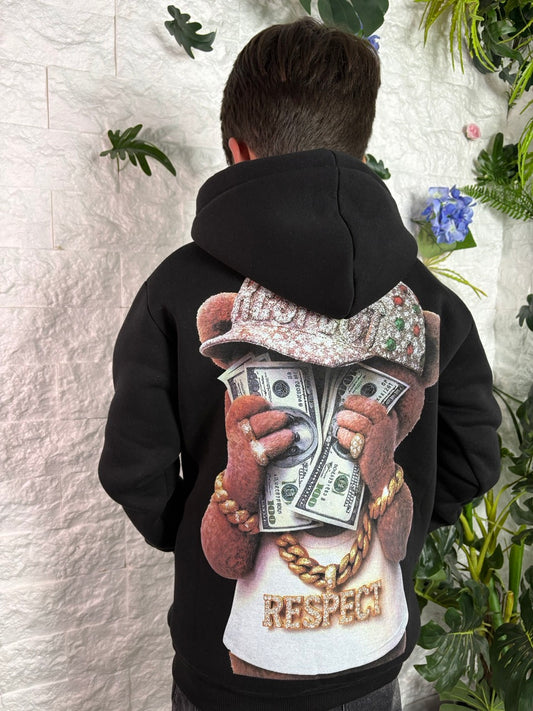 Felpa nera con cappuccio e stampa orsetto "RESPECT" - FELPATO 10-16 anni