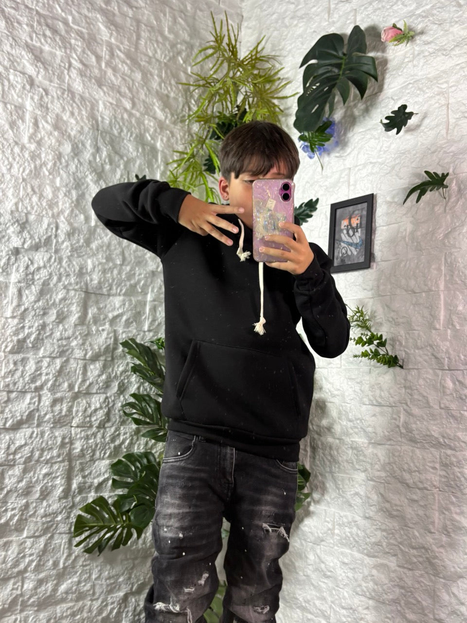 Felpa nera con cappuccio e stampa orsetto "RESPECT" - FELPATO 10-16 anni