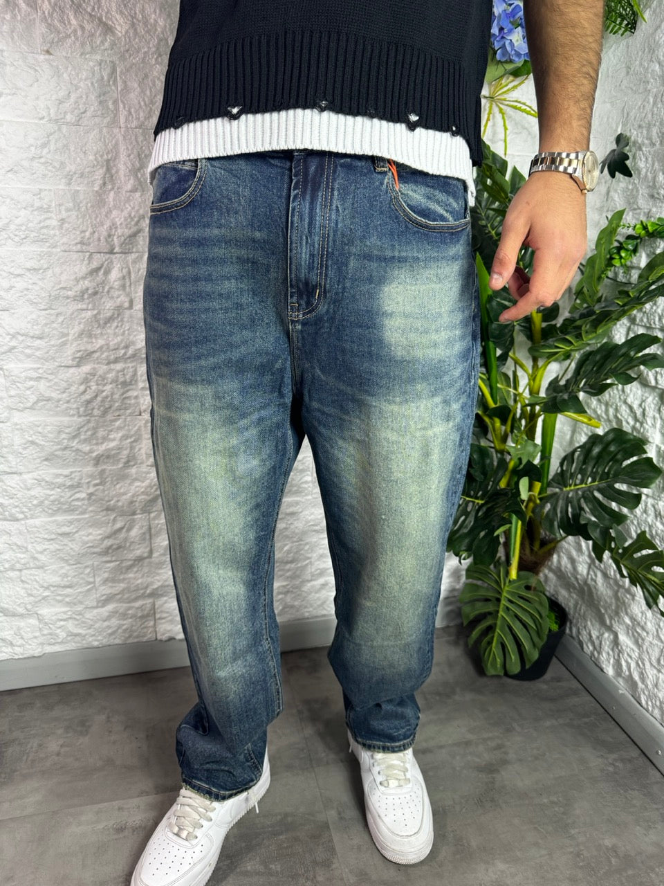 Jeans baggy blu sabbiato slavato in denim