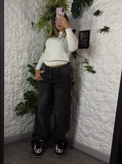 Jeans baggy wide leg grigio slavato in denim