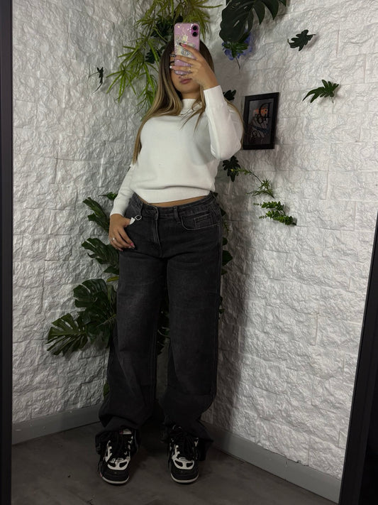 Jeans baggy wide leg grigio slavato in denim