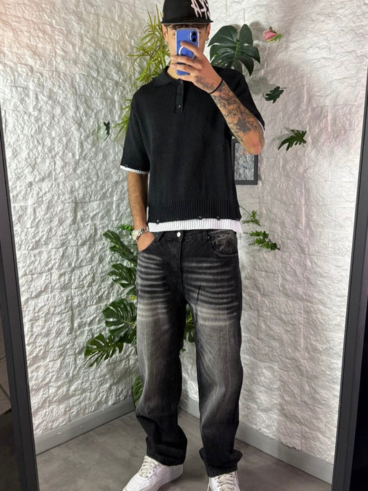 Jeans baggy nero slavato in denim
