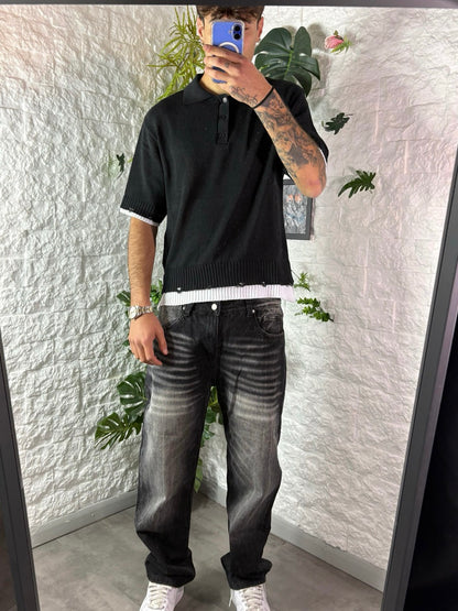 Jeans baggy nero slavato in denim