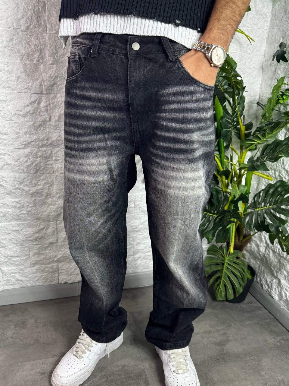 Jeans baggy nero slavato in denim