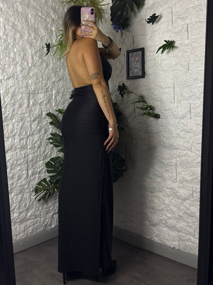 tubino lungo con coppette, drapeggio e collier integrato oro